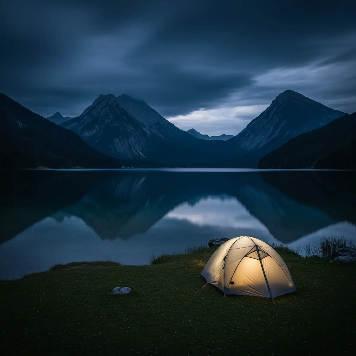 Bayerischer Bergsee bei Dämmerung mit Campingzelt im Vordergrund