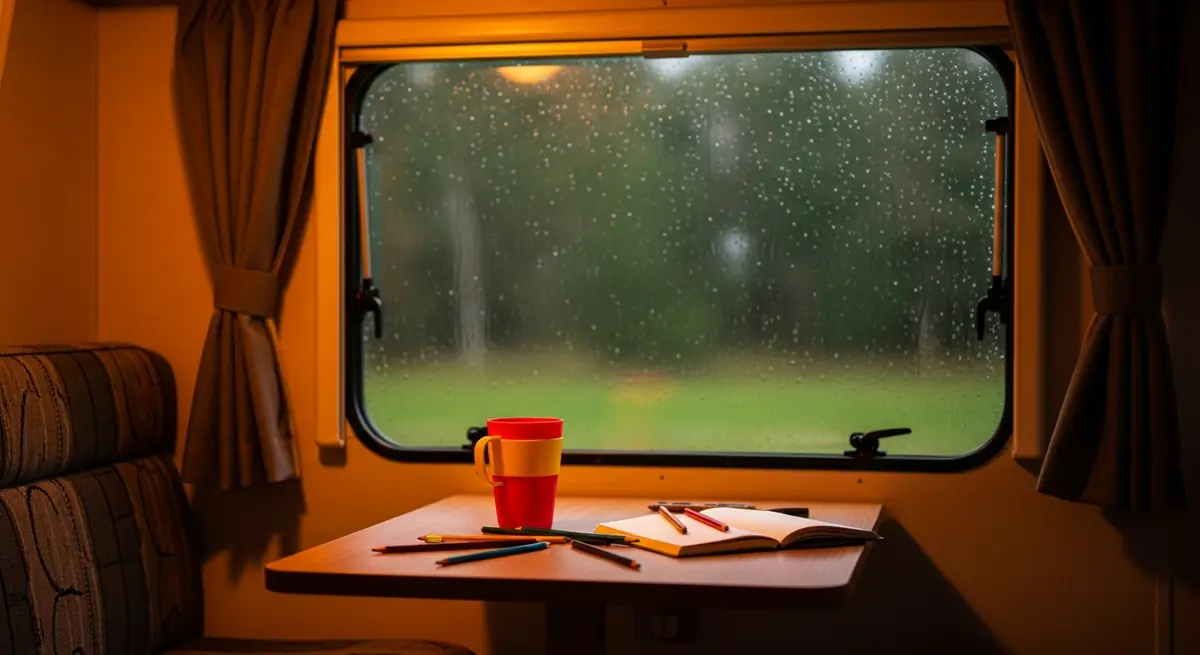 Regnerischer Campingtag mit warmem Licht, Stiften und Familienaktivitäten im Wohnwagen
