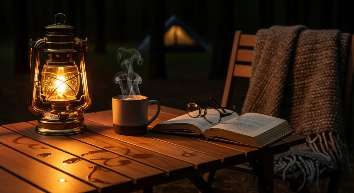 Gemütlicher Campingabend mit Laterne, Buch und warmem Licht am Tisch