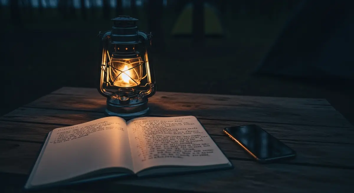 Campingtisch mit Notizbuch, Lampe und Smartphone für einen Offline-Rätselabend