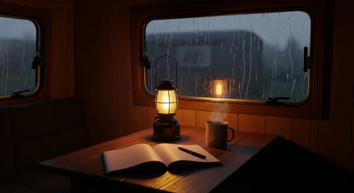 Regnerischer Campingabend mit warmem Licht, Notizbuch und Detektiv-Stimmung